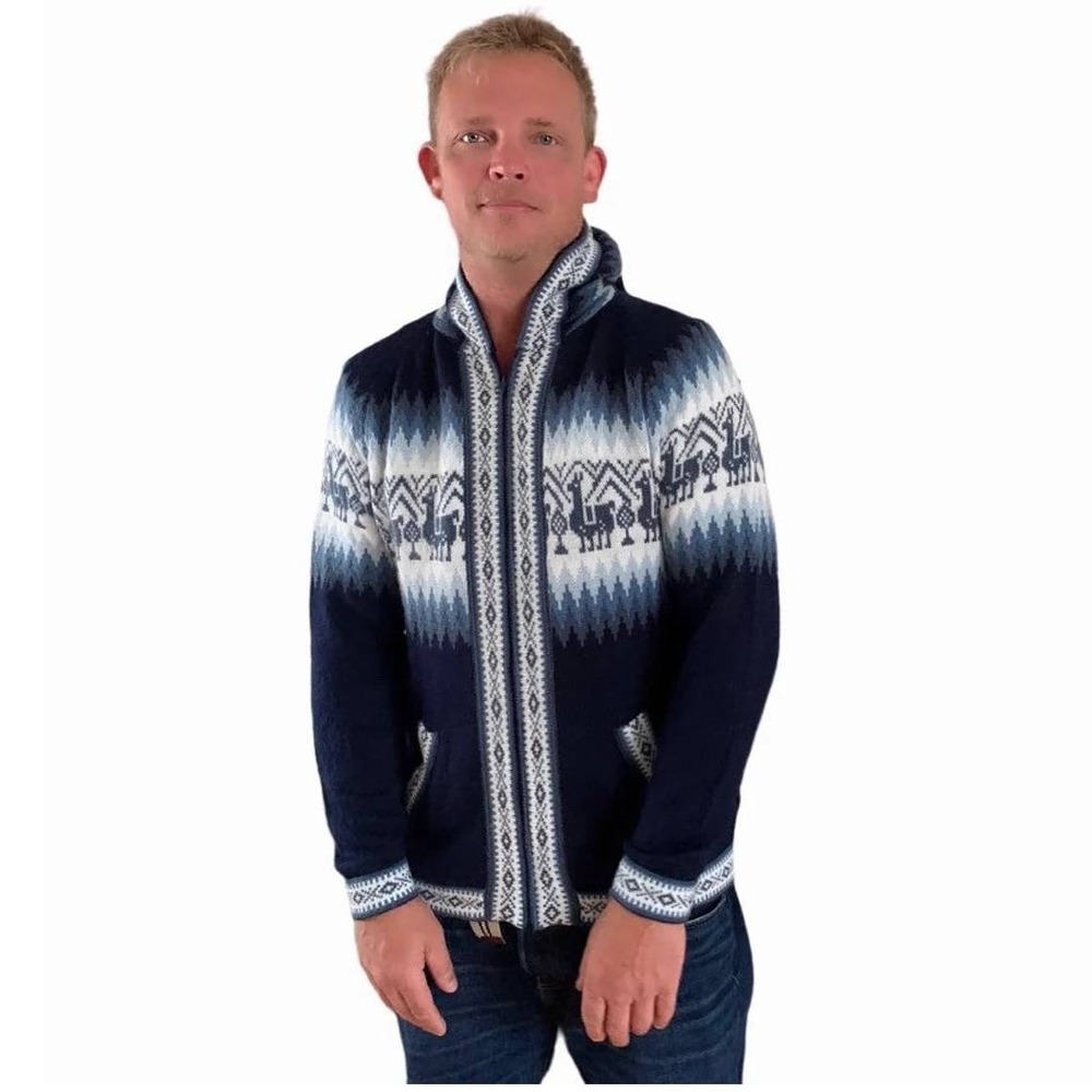 Alpaca‎ Connection Cardigan Mens L Blue Peru Winter Warm Wool Apres Ski Layering